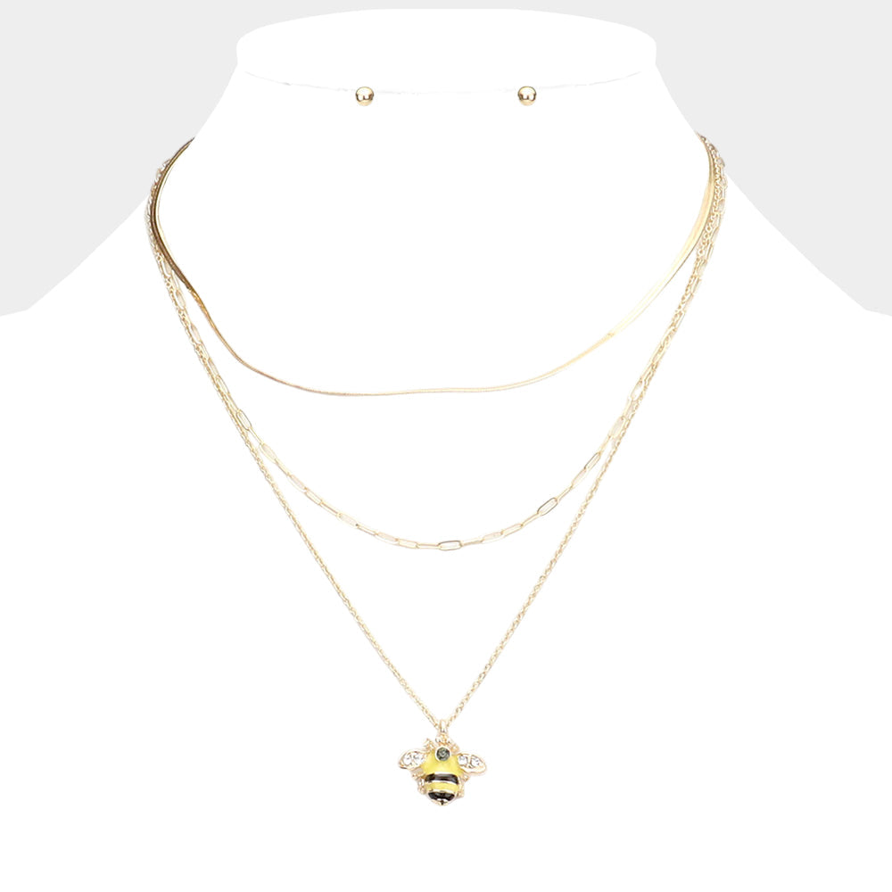 Stone Enamel Bee Triple Layer Necklace