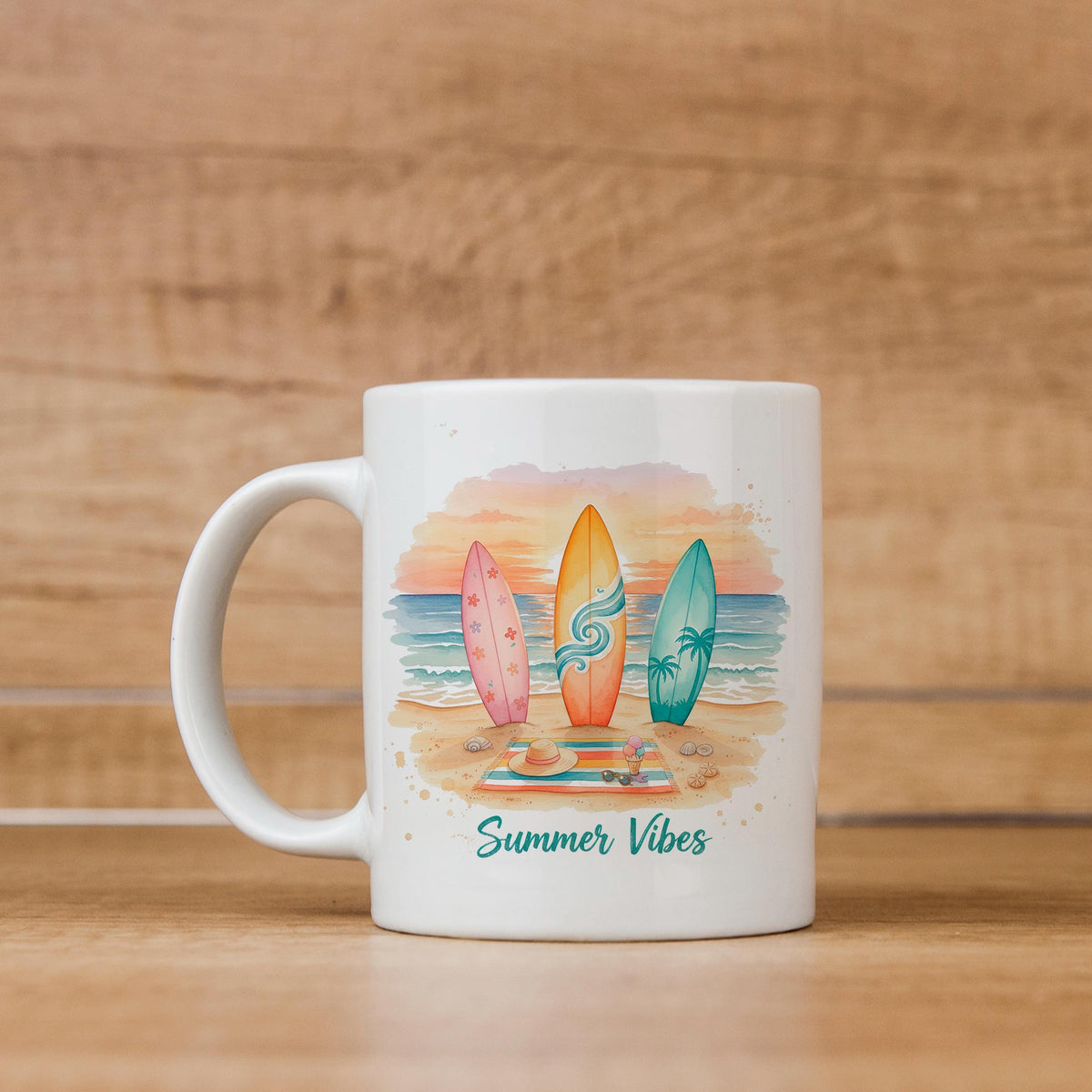 Summer Vibes Mug – Coastal Coffee Cup With Surfboard Art And Ocean Sunset Design