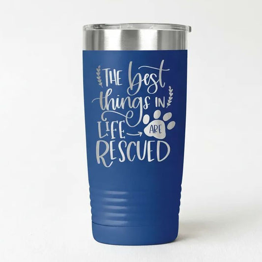 Dog Rescue Tumbler 20 oz Insulated Travel Mug, Pet Lover Gift, White Stainless Steel, Keeps Hot and Cold Drinks, Paw Print Design