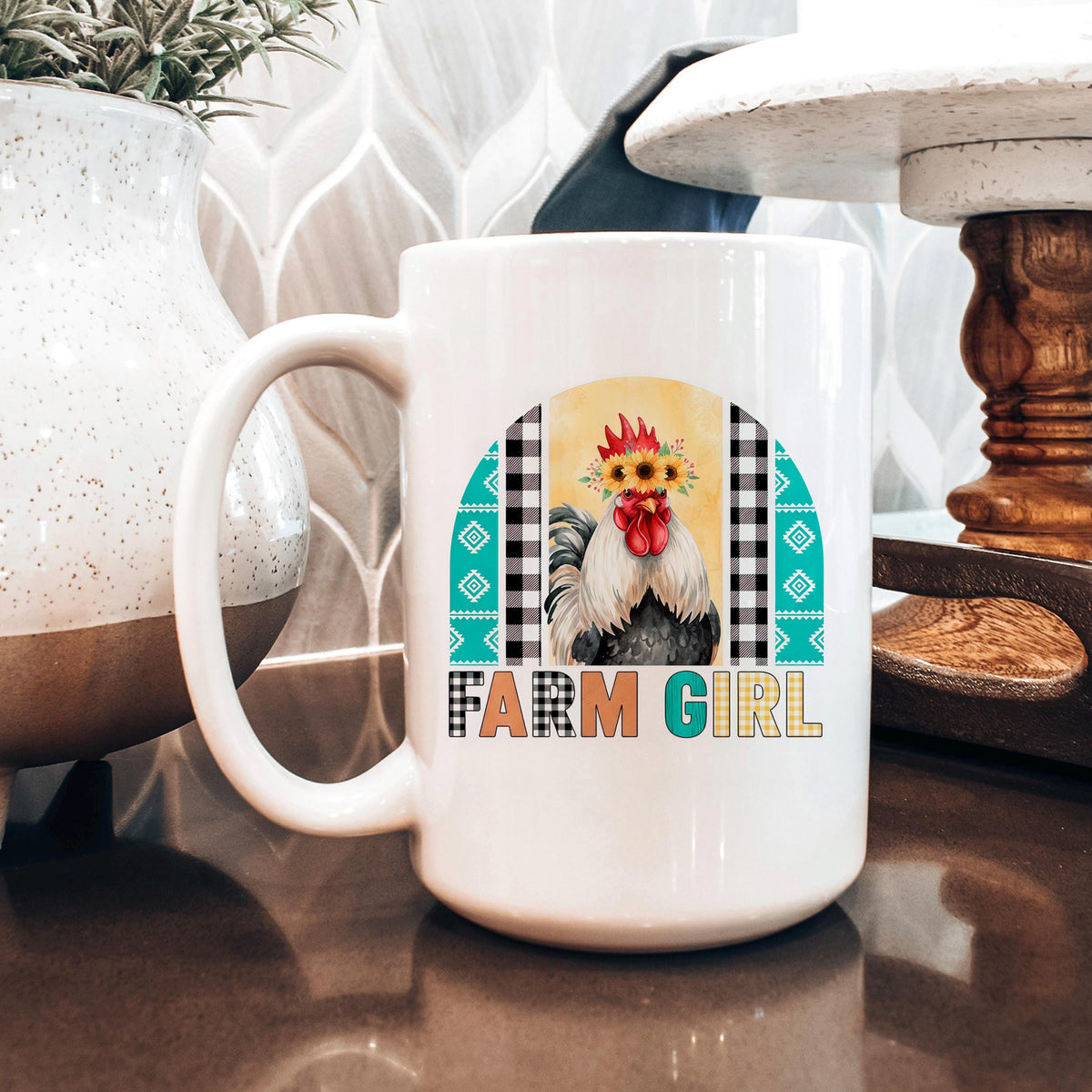 Farm Girl Mug – Rustic Farmhouse Coffee Cup with Sunflower Chicken Art