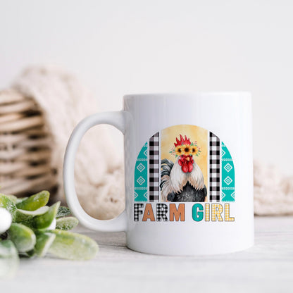Farm Girl Mug – Rustic Farmhouse Coffee Cup with Sunflower Chicken Art