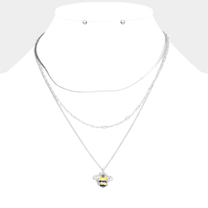 Stone Enamel Bee Triple Layer Necklace