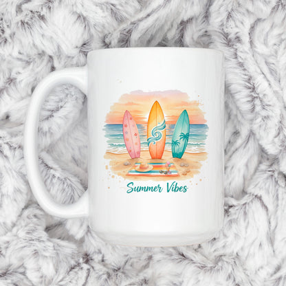 Summer Vibes Mug – Coastal Coffee Cup With Surfboard Art And Ocean Sunset Design