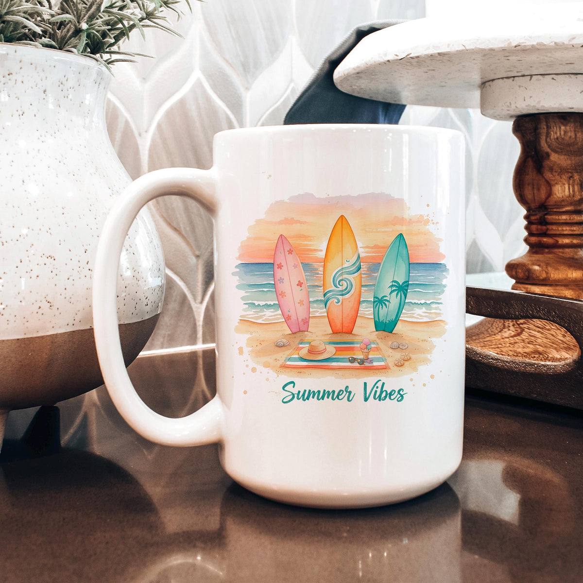 Summer Vibes Mug – Coastal Coffee Cup With Surfboard Art And Ocean Sunset Design