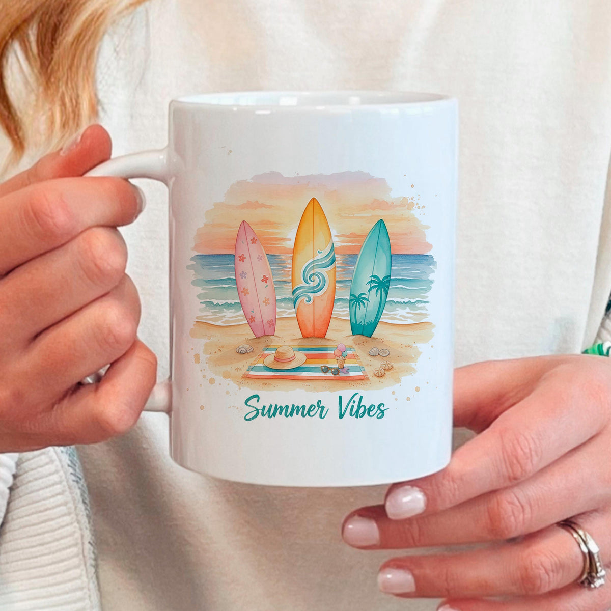 Summer Vibes Mug – Coastal Coffee Cup With Surfboard Art And Ocean Sunset Design