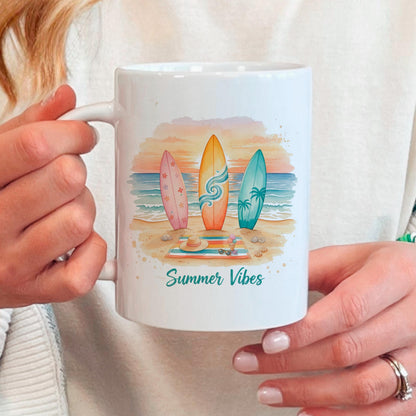 Summer Vibes Mug – Coastal Coffee Cup With Surfboard Art And Ocean Sunset Design