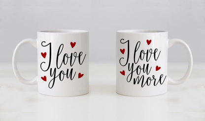 Mug Set, his n hers, I Love You & I Love You More, Valentines Day Gifts, Wedding Gift Coffee Mug Set, Anniversary Gift