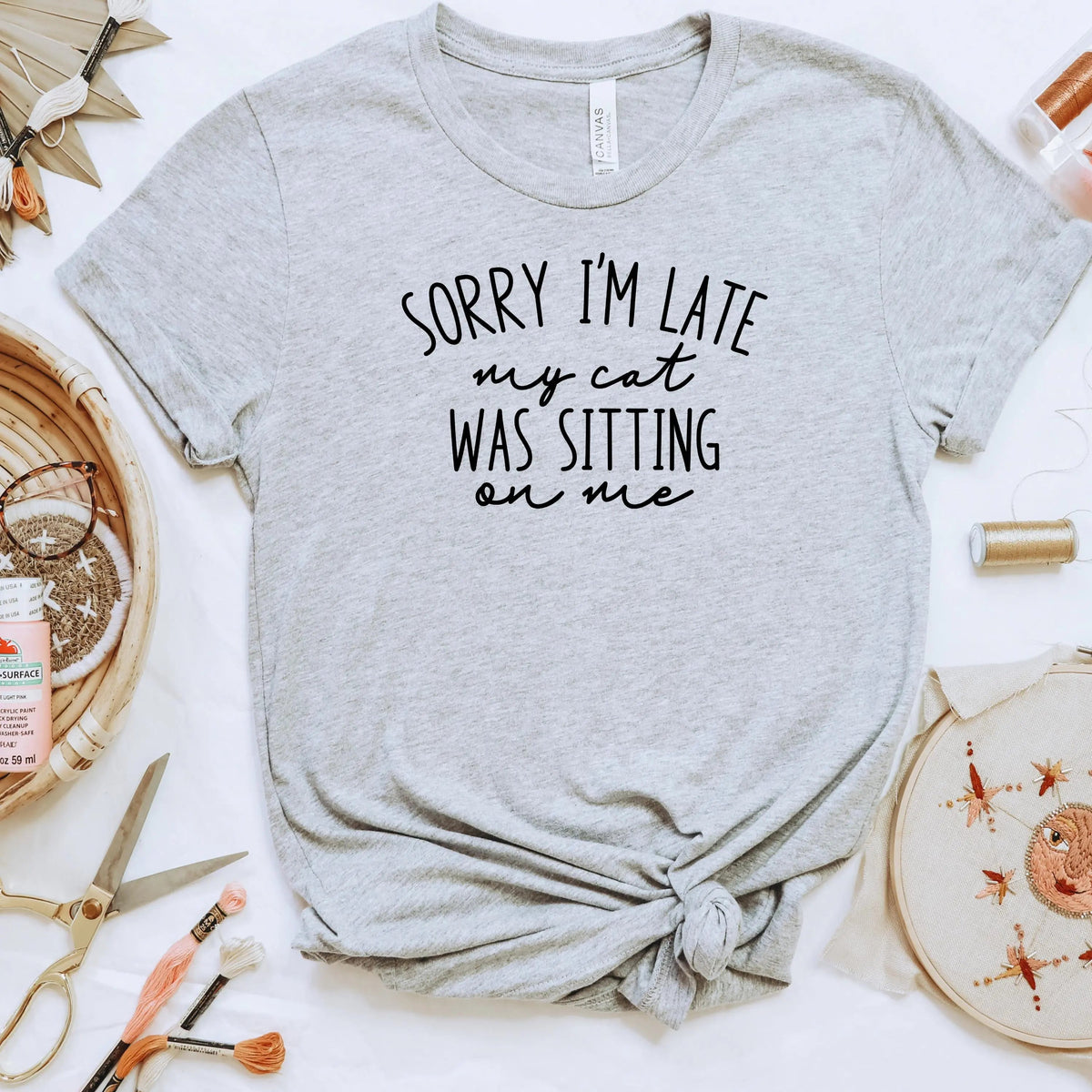 Funny Cat Shirt for Cat Mom - Sorry I'm Late, My Cat Was Sitting on Me Bella Canvas T-Shirt - Minimalist Aesthetic Introvert Homebody