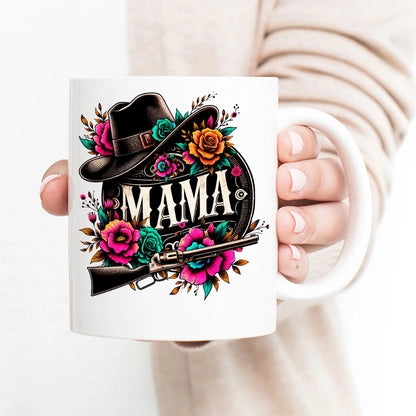 Cowgirl Mama Mug Western Floral Coffee Cup with Hat and Shotgun Design, Mother's Day Gift for Mom 11oz or 15oz, Rustic Country Style