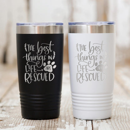 Dog Rescue Tumbler 20 oz Insulated Travel Mug, Pet Lover Gift, White Stainless Steel, Keeps Hot and Cold Drinks, Paw Print Design