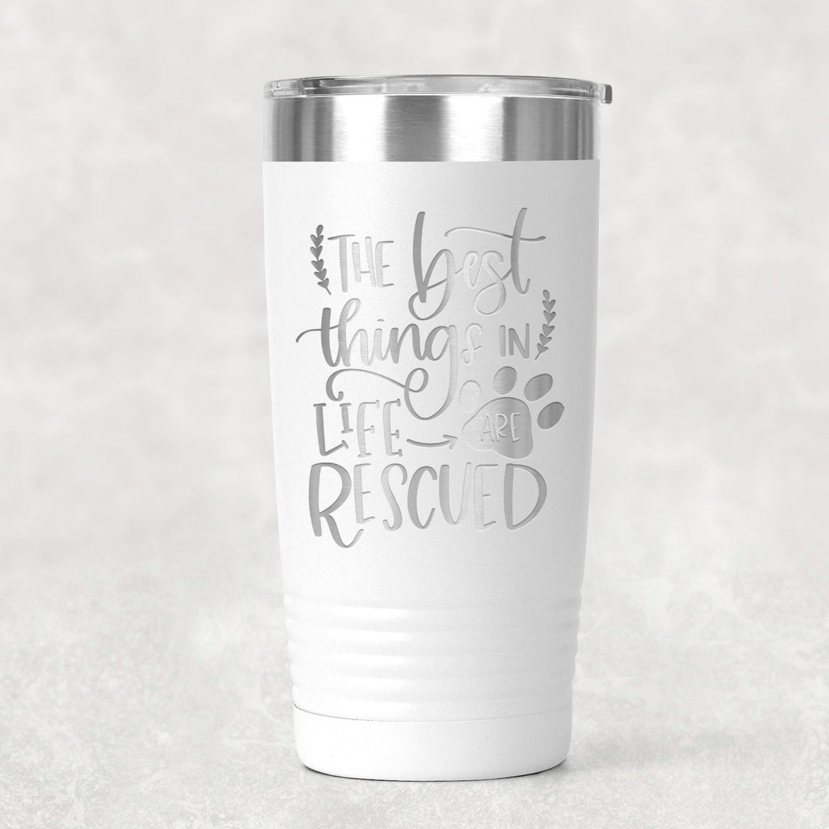 Dog Rescue Tumbler 20 oz Insulated Travel Mug, Pet Lover Gift, White Stainless Steel, Keeps Hot and Cold Drinks, Paw Print Design