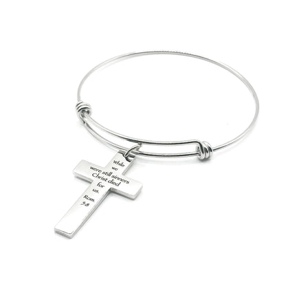 Christ Died For Us Romans 5 8 Charm Bracelet Stainless Steel Expanding Bangle Scripture Bracelet Christian Gift Faith Jewelry