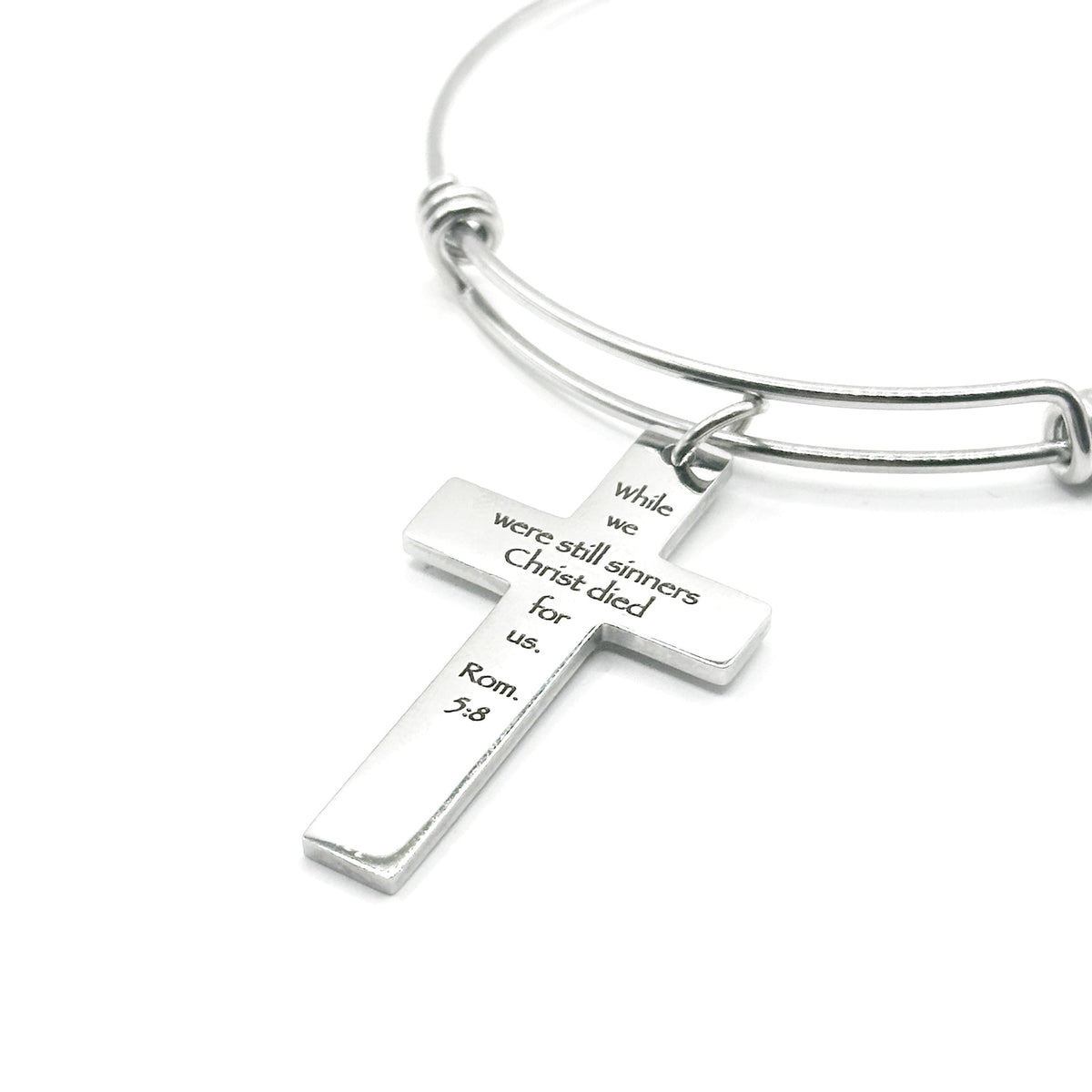 Christ Died For Us Romans 5 8 Charm Bracelet Stainless Steel Expanding Bangle Scripture Bracelet Christian Gift Faith Jewelry