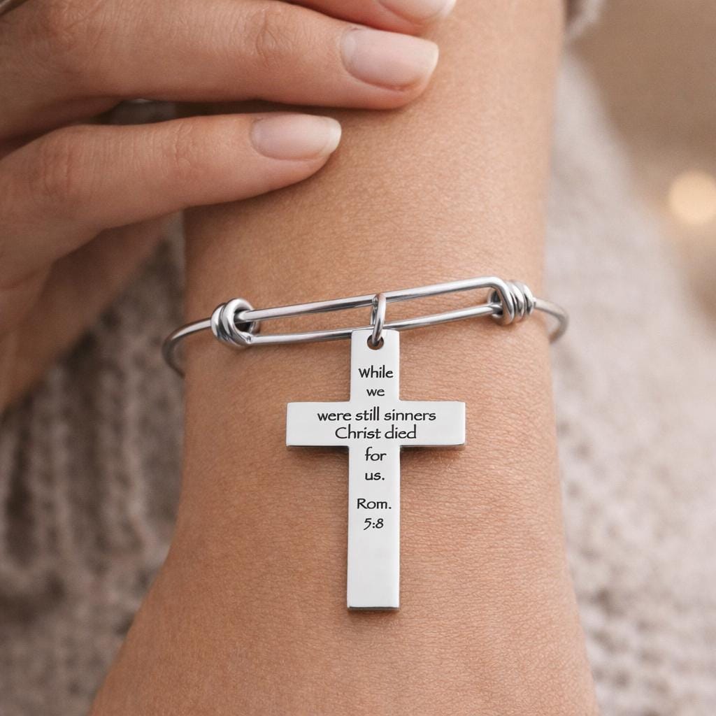 Christ Died For Us Romans 5 8 Charm Bracelet Stainless Steel Expanding Bangle Scripture Bracelet Christian Gift Faith Jewelry