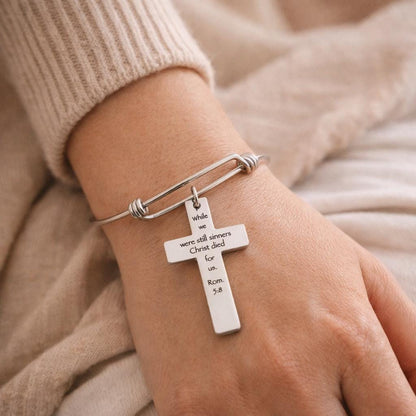 Christ Died For Us Romans 5 8 Charm Bracelet Stainless Steel Expanding Bangle Scripture Bracelet Christian Gift Faith Jewelry