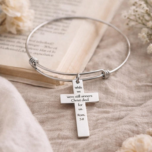 Christ Died For Us Romans 5 8 Charm Bracelet Stainless Steel Expanding Bangle Scripture Bracelet Christian Gift Faith Jewelry