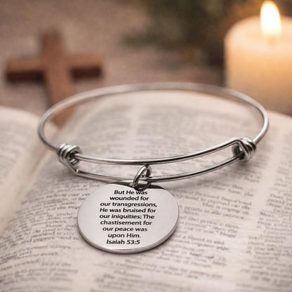 Isaiah 53 5 Scripture Bracelet Christian Faith Jewelry Stainless Steel Engraved 25mm Charm Bible Verse Gift