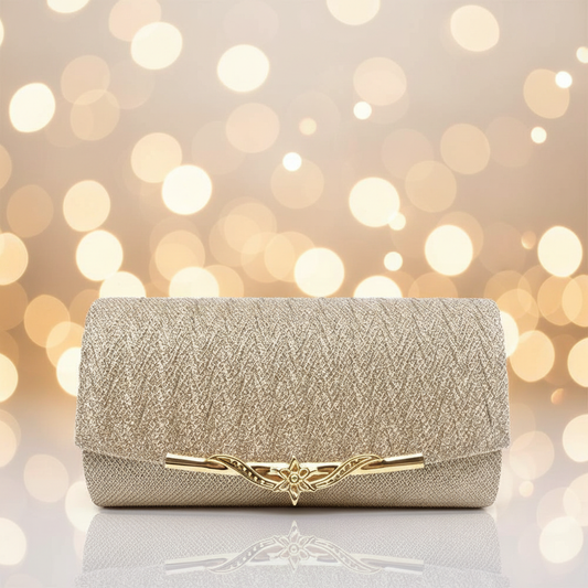 Glitter bridal clutch bag with romantic bokeh lights background