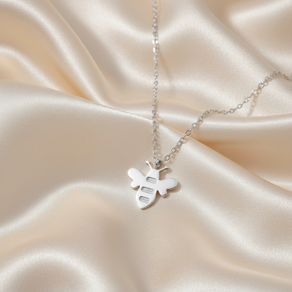 White Gold Honey Bee Pendant Necklace on luxe cream satin drape