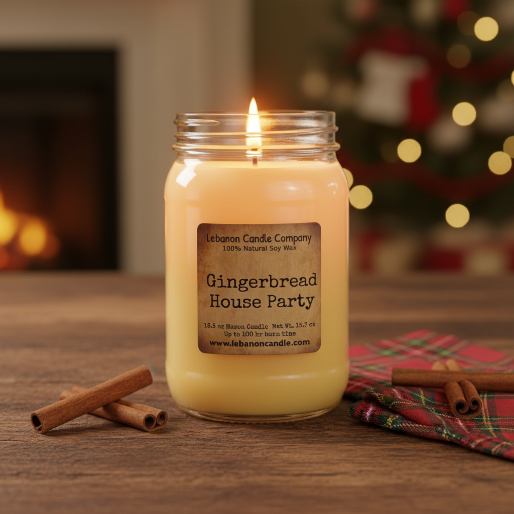 Gingerbread House Party Candle warm cozy lifestyle setting