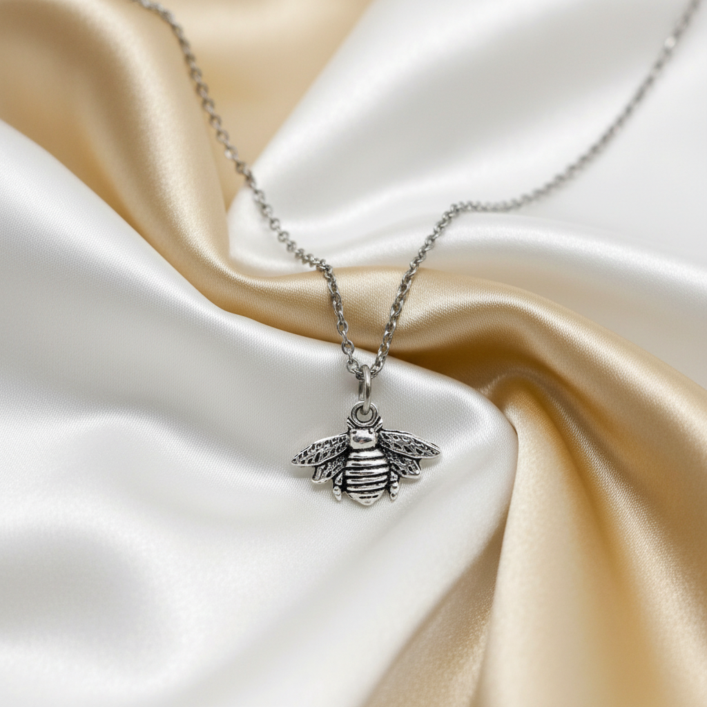 Motivating Bee Necklace on luxe cream satin drape