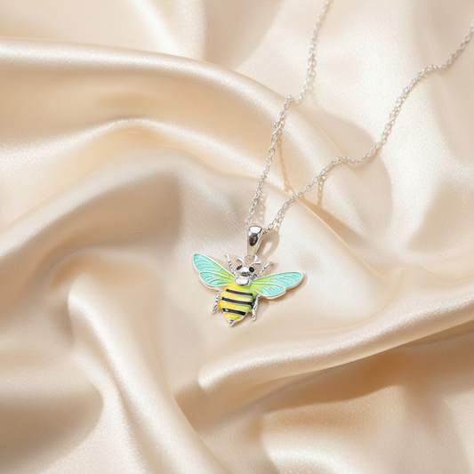 Enamel Honey Bee Pendant Necklace on luxe cream satin drape