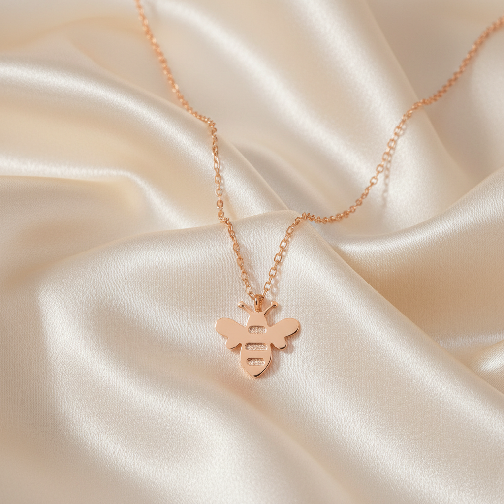 Gold Honey Bee Pendant Necklace on luxe cream satin drape
