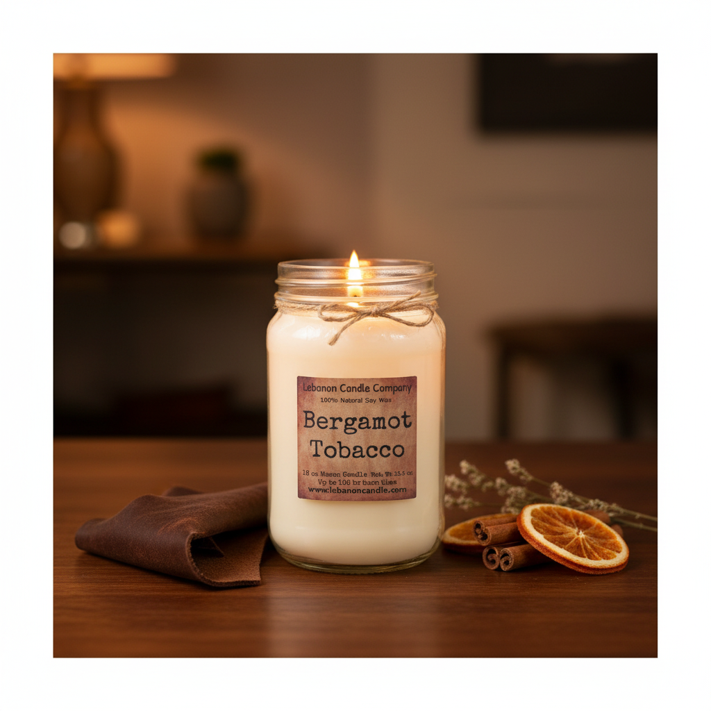 Bergamot Tobacco Candle warm sophisticated lifestyle setting