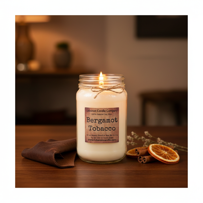 Bergamot Tobacco Candle warm sophisticated lifestyle setting