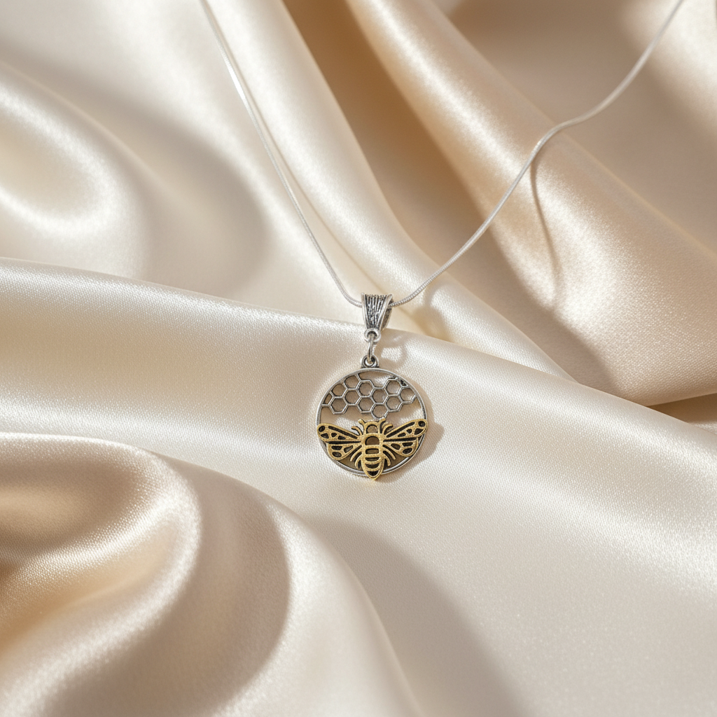 Bee & Honeycomb Pendant Necklace on luxe cream satin drape